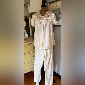 Vintage Cream Women's Silky Sleep Lounge Set - Button-Front Top & Pants